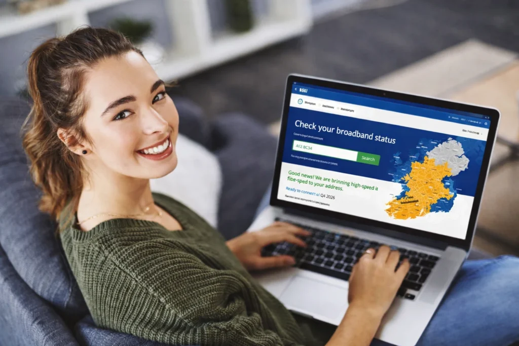 Person holding a laptop showing Eircode lookup on the website in an Irish rural setting